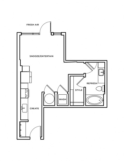 A floor plan of a house with labeled rooms such as "REFRESH," "STYLE," and "WASH.".